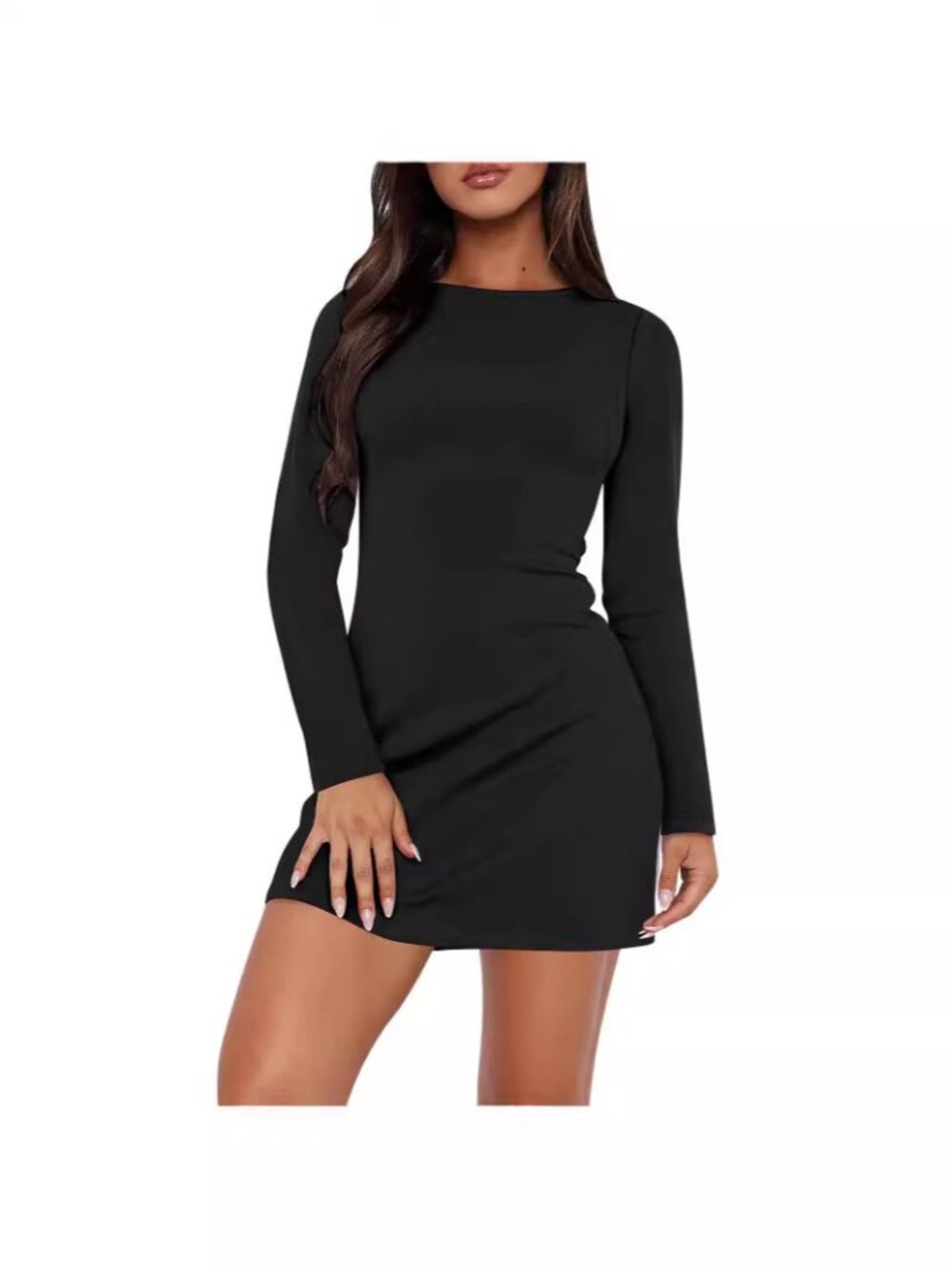 Black Long Sleeve Bodycon Mini Dress Crew Neck